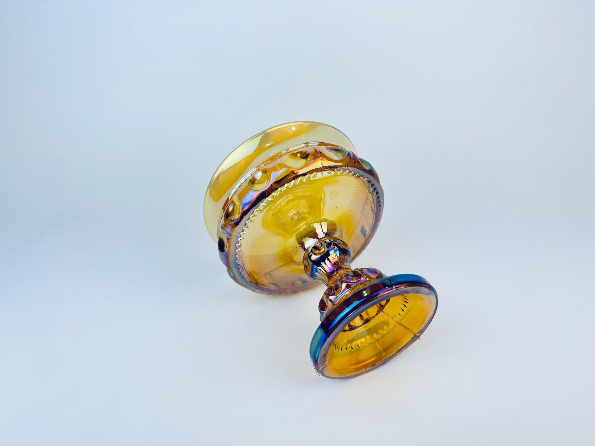 Product image for 'vintage amber carnival glass kings crown thumbprint pedestal compote candy bowl by indiana glass company' (view 1616b1)