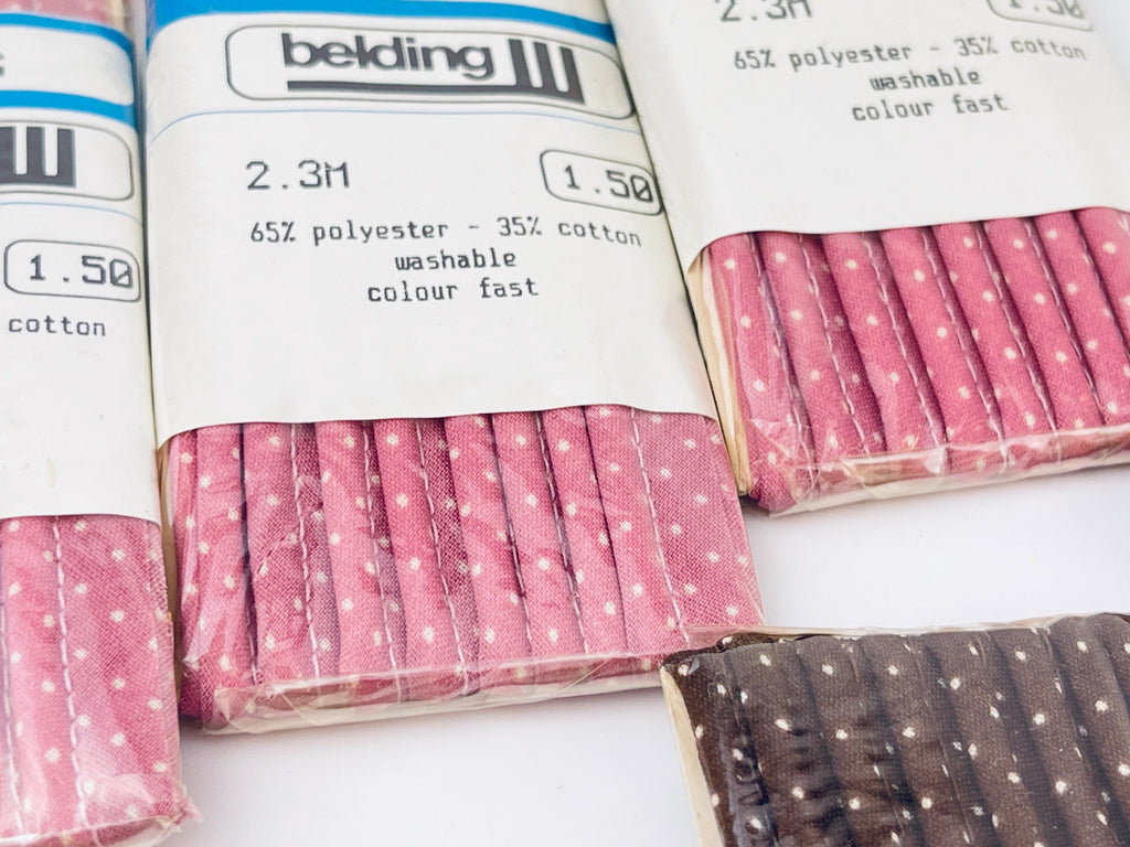 Product image for 'vintage piping tape dark brown pink polka dot pattern made in canada new old stock nos polyester cotton blend' (view 616c4a)