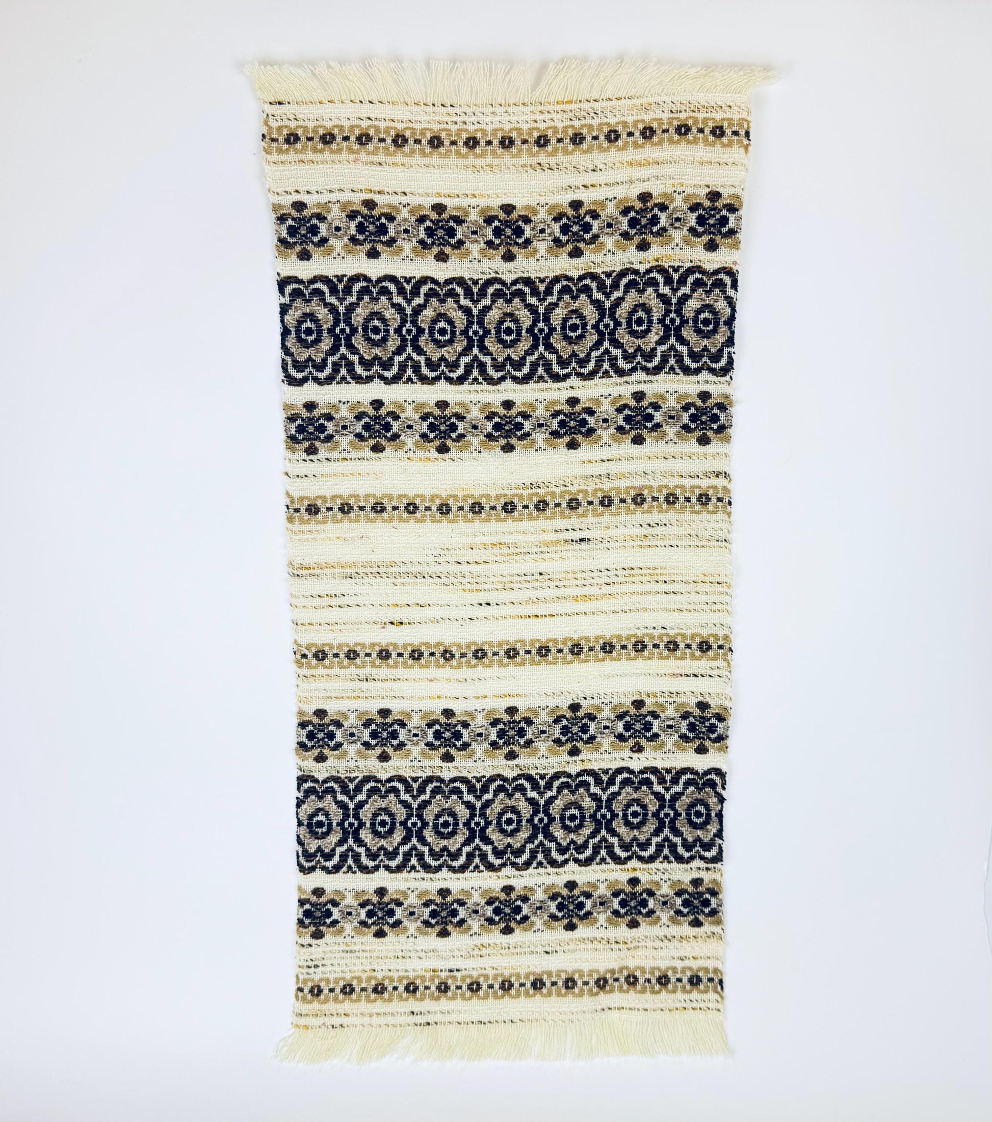 Product image for 'vintage 1970s beige brown floral woven table runner boho loomed textile with fringe ends 14 x 32' (view 44575b)