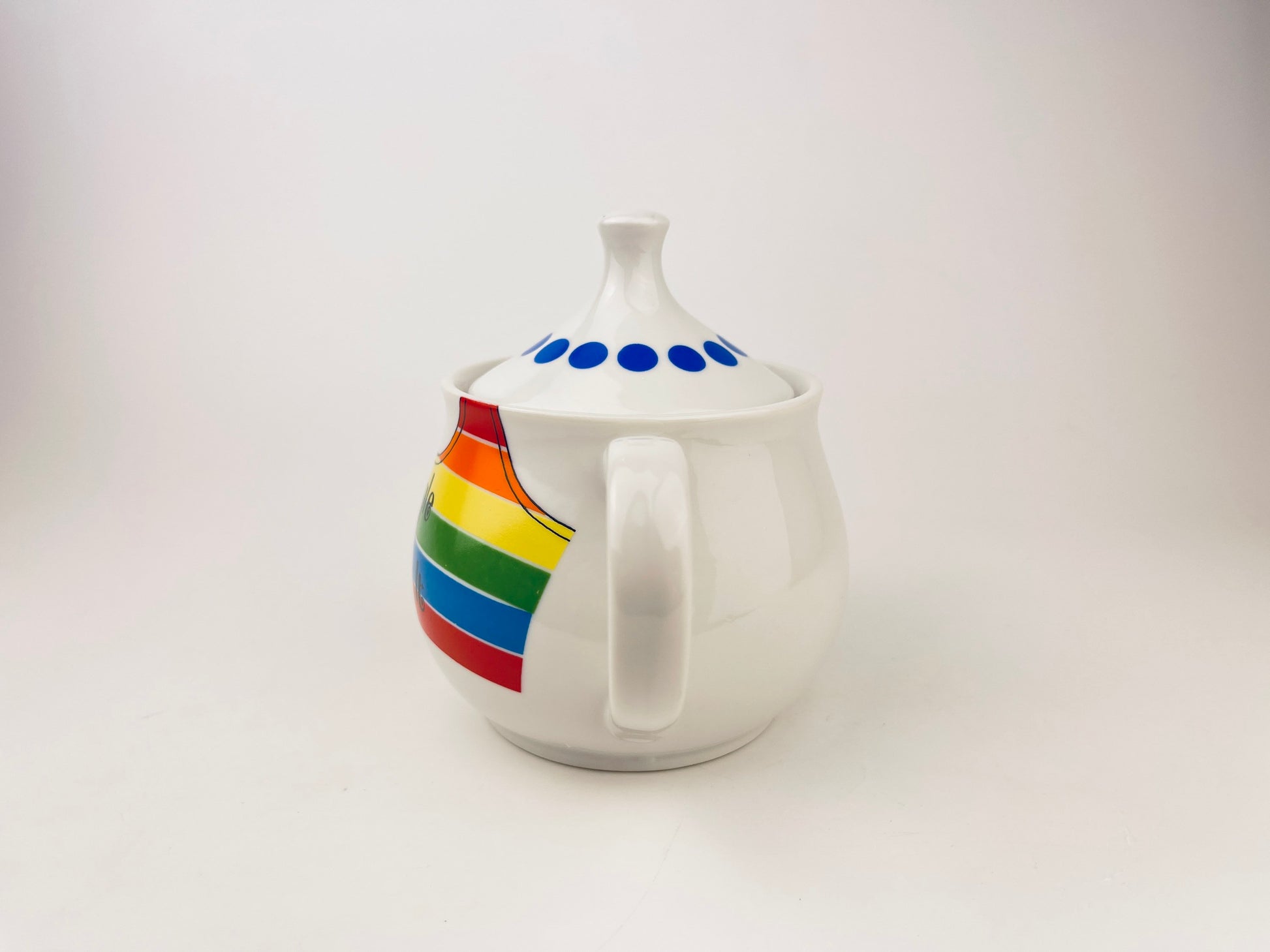 Product image for 'vintage single loving it rainbow stripe teapot with polka dot lid made in japan' (view f6ce22)