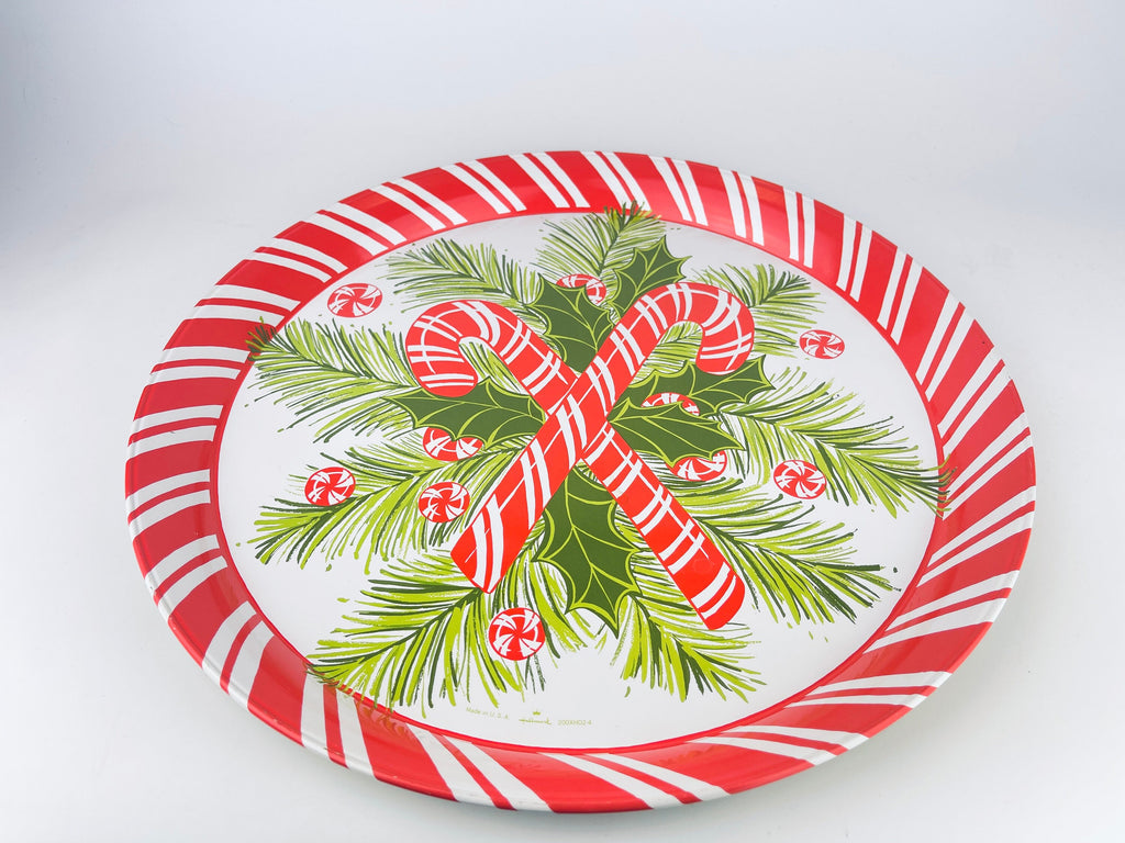 Product image for 'vintage christmas candy cane peppermint candy circular metal tray made in usa by hallmark' (view 3cbdcd)
