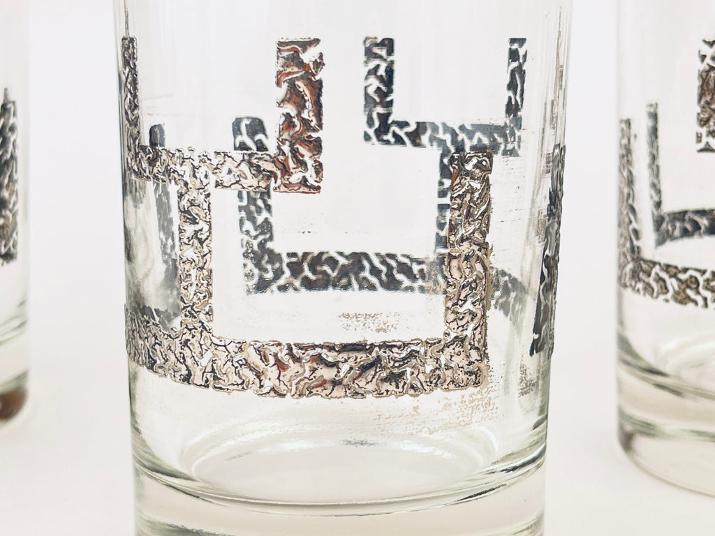 Product image for 'vintage libbey highball lowball glasses set of five 5 textured silver abstract line pattern' (view 2e384f)