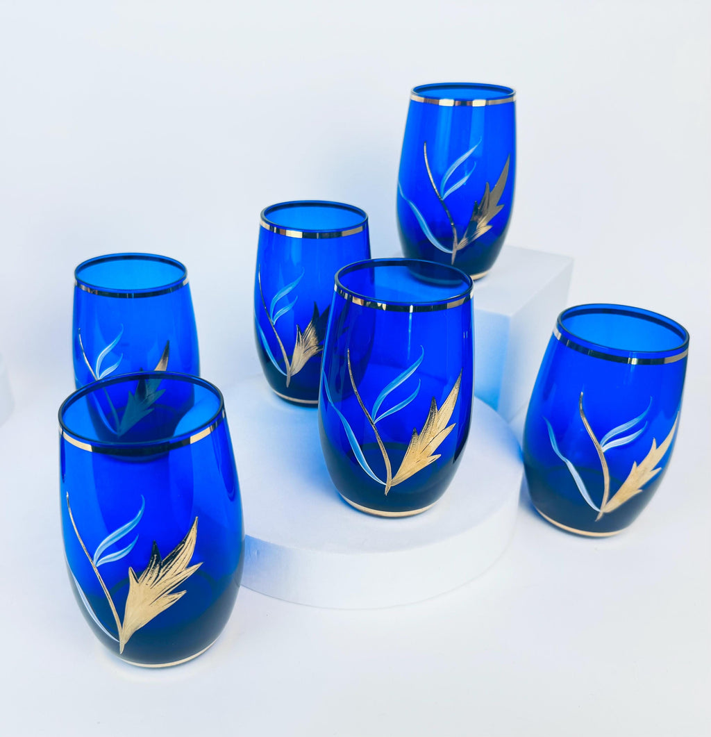 Product image for 'vintage cobalt blue glassware hand painted flowers gold rim small goblet and tumbler set' (view 39230a)