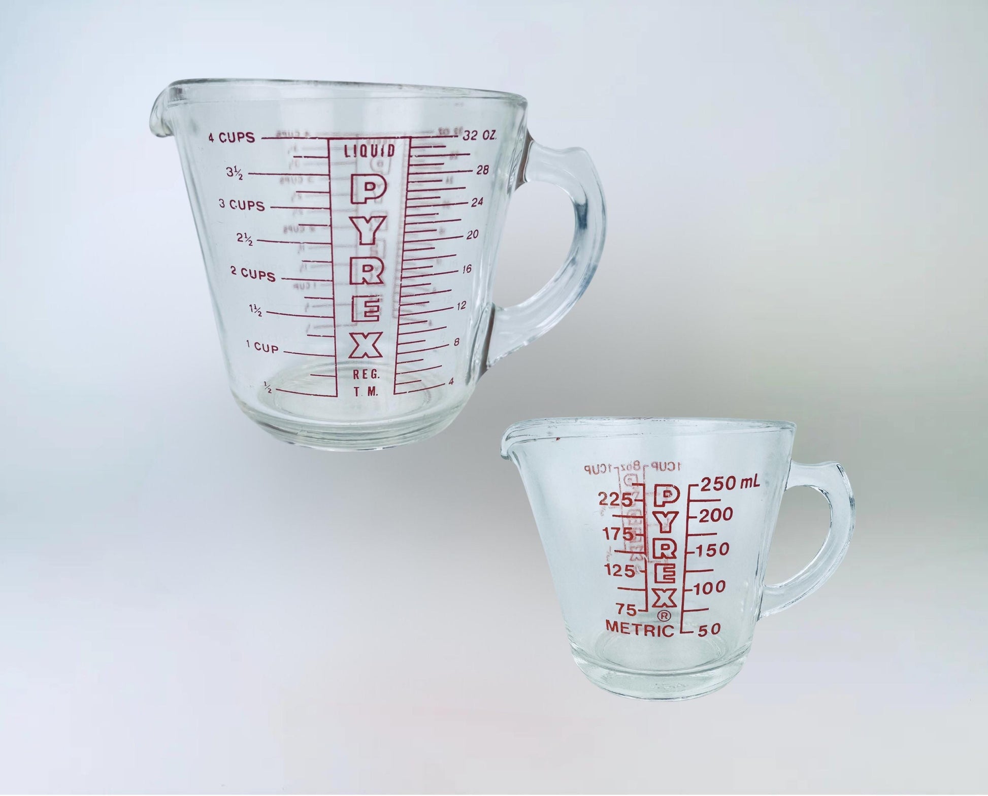 Product image for 'vintage red pyrex glass measuring cups metric imperial system made in usa sold separately' (view 09109d)