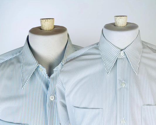 Product image for 'vintage 1970s blue grey striped short sleeve button up shirts 100 nylon made in hong kong by beau ville sold separately' (view 87472a)