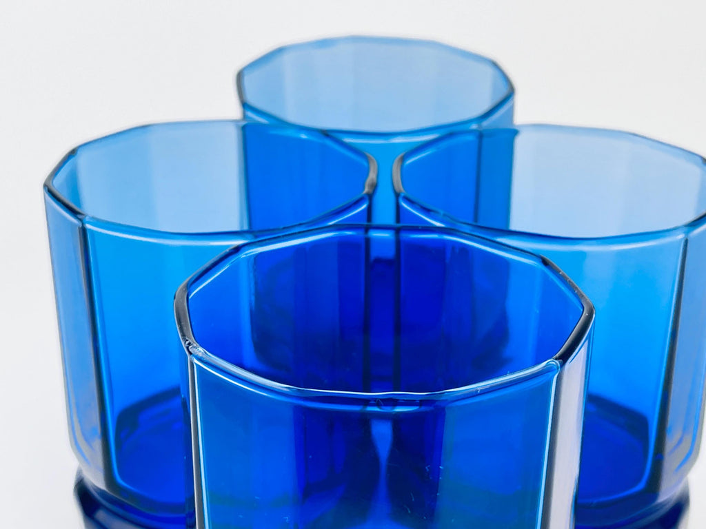 Product image for 'vintage cobalt blue drinking glasses set of four 4 decagonal geometric design' (view f18a3e)