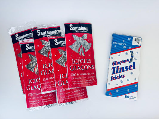 Product image for 'vintage flameproof silver christmas tree icicles tinsel strands new old stock nos packages sold separately' (view 6add88)