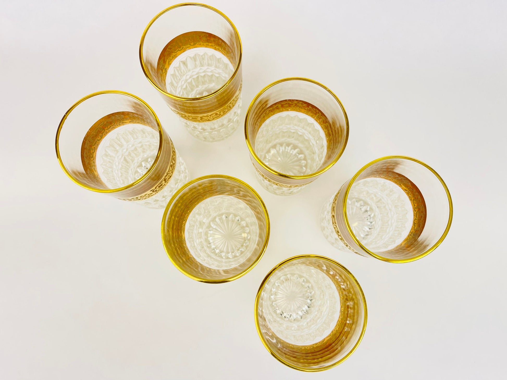 Product image for 'vintage heavy crystal gold highball water tumblers flower gold band with gold rimmed top set of six 6' (view 024a6c)