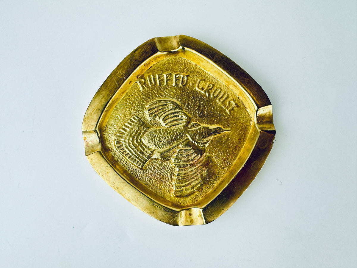 Product image for 'vintage solid heavy brass ruffled grouse ashtray attractive aged metal patina hunter gift' (view 56b048)