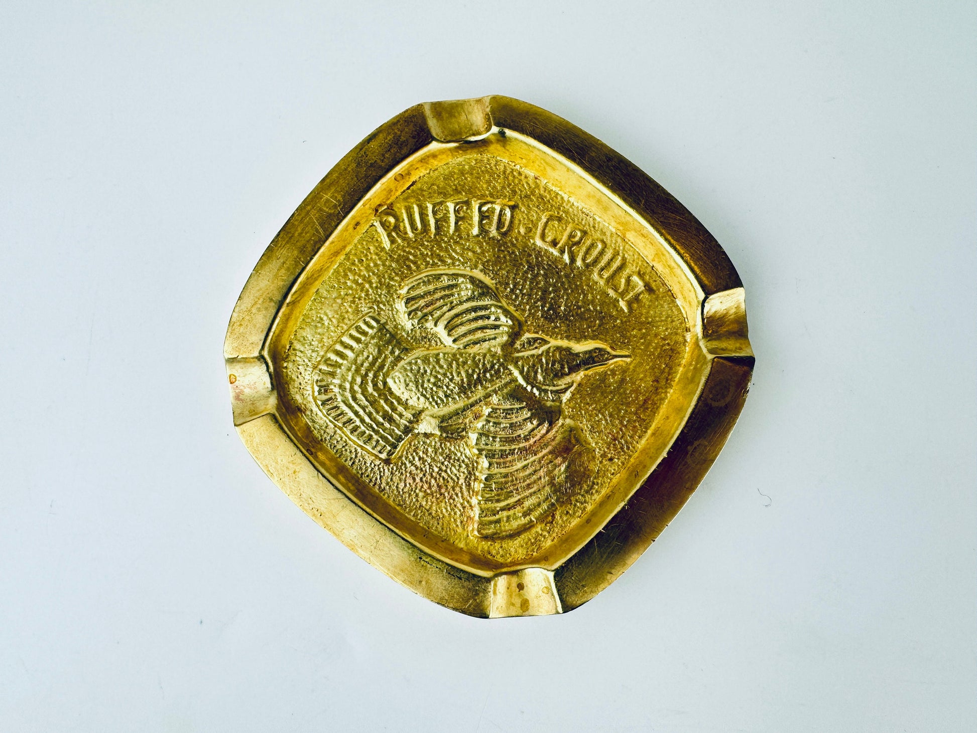 Product image for 'vintage solid heavy brass ruffled grouse ashtray attractive aged metal patina hunter gift' (view 56b048)