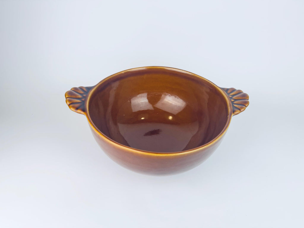 Product image for 'vintage bobby flay cognac brown scalloped handled ceramic glazed bowl made in portugal' (view 7d6502)