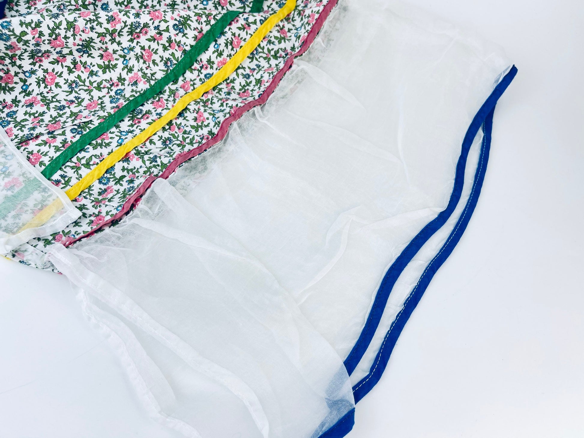 Product image for 'vintage pink floral long waisted pocket apron sheer organza ruffle skirt bottom' (view c99972)