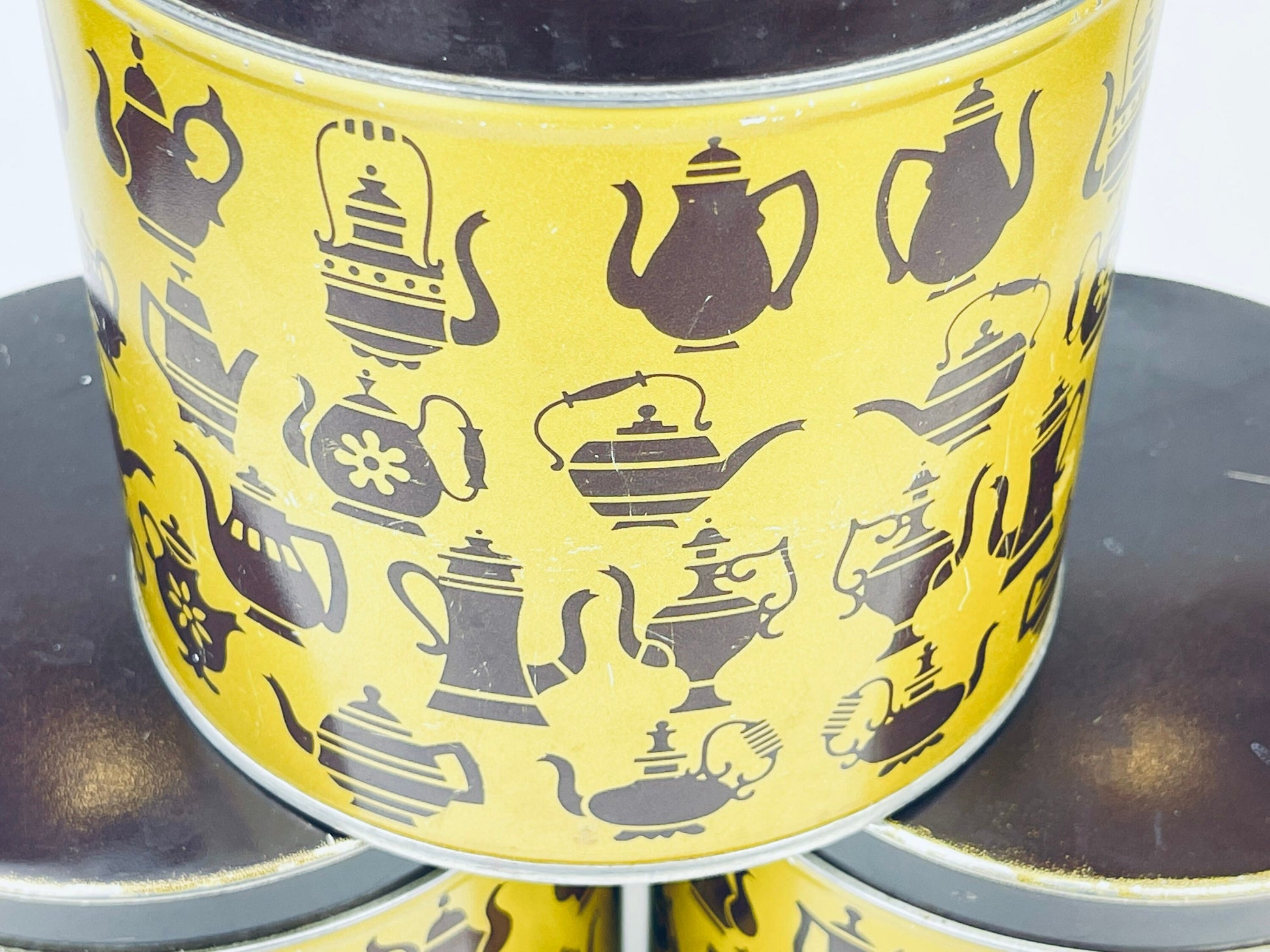 Product image for 'vintage mcm kettle print tea tin canister yellow brown tea pot pattern sold separately' (view b0f7ed)