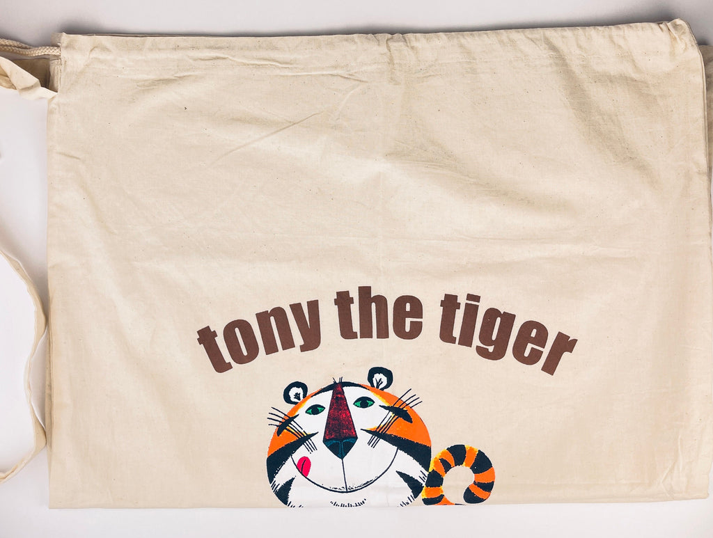 Product image for 'vintage tiger cartoon character linen blend laundry bag shoulder strap cinch closure' (view b22e4c)
