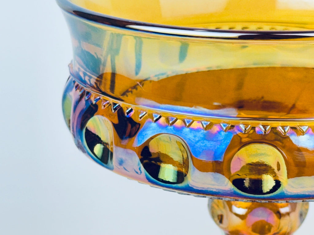 Product image for 'vintage amber carnival glass kings crown thumbprint pedestal compote candy bowl by indiana glass company' (view 3e5758)