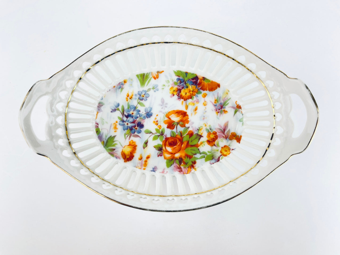 Product image for 'vintage reticulated ceramic dish flower motif pattern with gold rimmed top made in germany' (view d260c6)