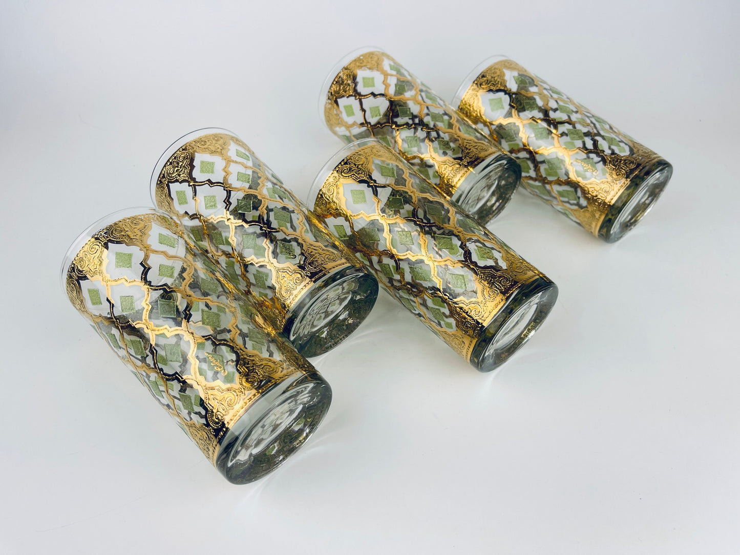 Product image for 'vintage culver tyrol valencia 22 kt gold emerald green diamond pattern barware glasses set of five 5 barware gift' (view aa9854)