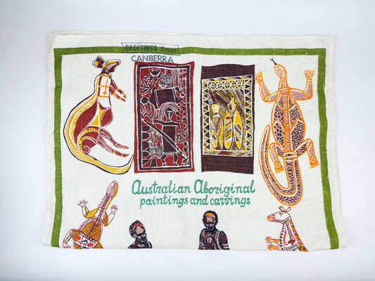 Product image for 'vintage australian aboriginal paintings carvings tea towel all pure linen statement towel australian souvenir designed in australia' (view cf718b)