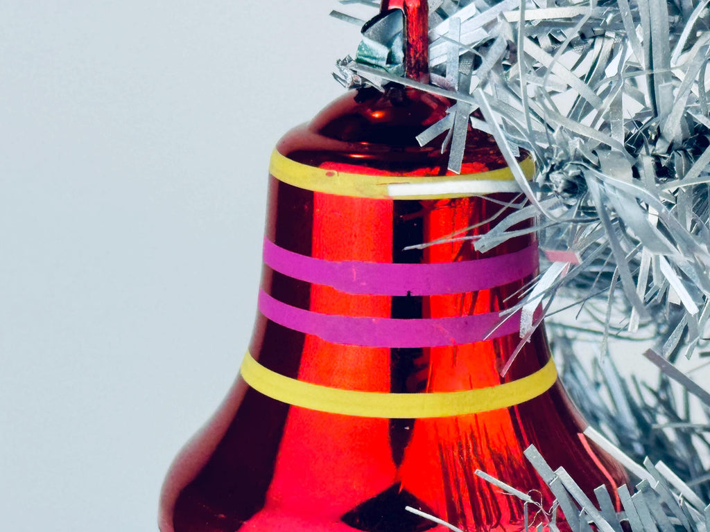 Product image for 'vintage pink silver striped plastic bell christmas tree ornaments set of eight 8' (view 4e6c46)