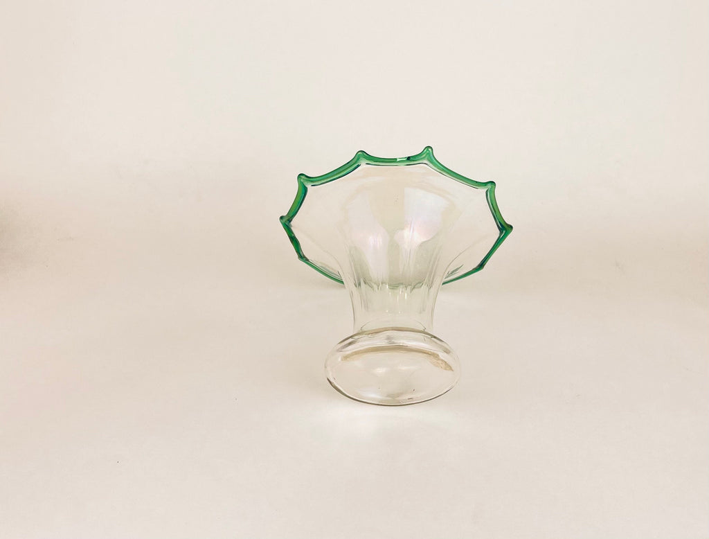 Product image for 'vintage depression glass bud vase scalloped ruffled top green rim' (view f68741)