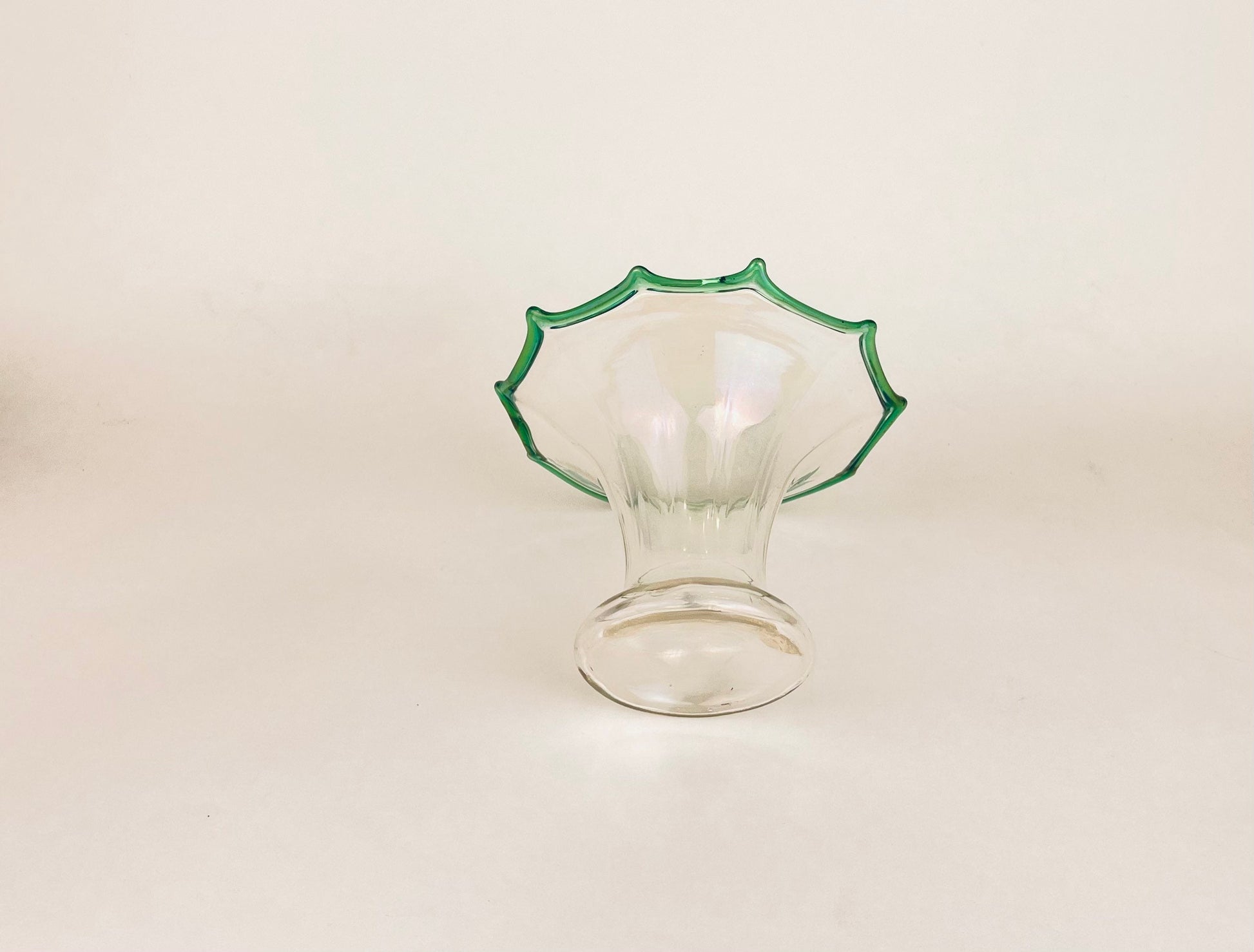 Product image for 'vintage depression glass bud vase scalloped ruffled top green rim' (view f68741)