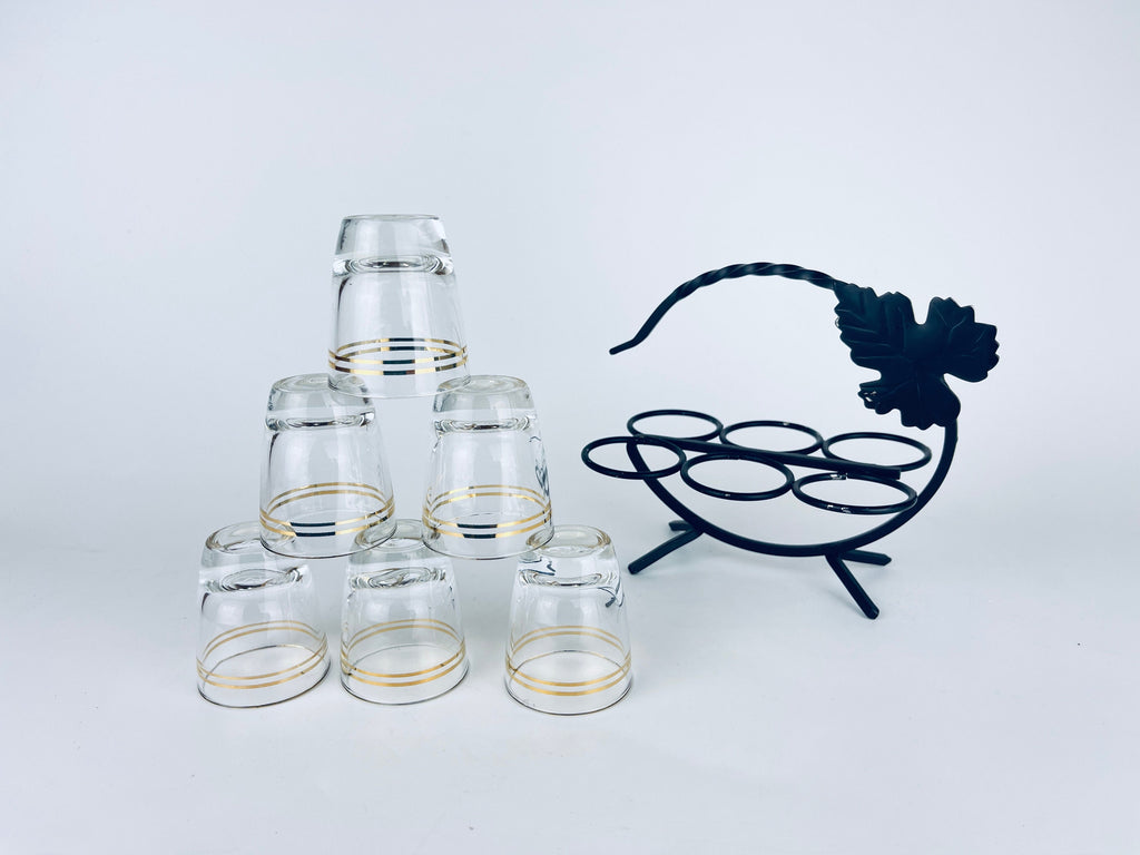 Product image for 'vintage gold striped clear shot glass barware set black metal leaf carrier' (view a00d6a)