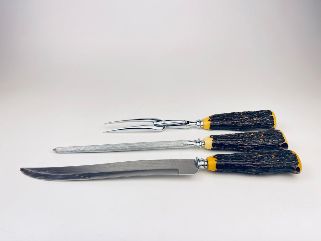 Product image for 'vintage faux antler serving utensil knife set sheffield england forged steel knife sharpener cutler john palmer knife' (view 74881f)