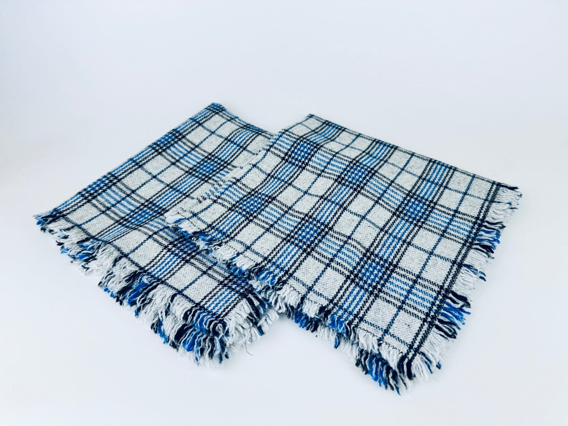 Product image for 'vintage black blue plaid grey wool fringe square place mats set of two 2' (view 10d251)