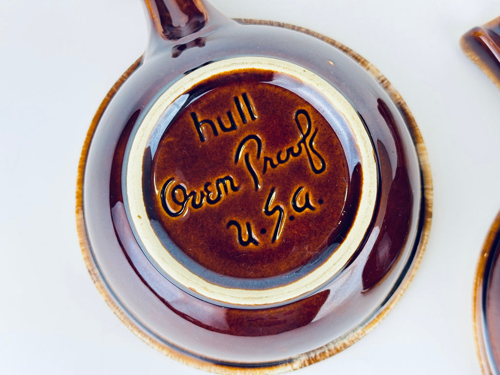 Product image for 'vintage hull oven proof usa handled soup bowls set of two 2 ceramic drip glazed brown' (view cb122d)