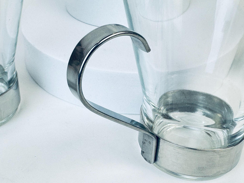 Product image for 'vintage bormioli rocco ypsilon glasses removable silver stainless steel handles set of four 4' (view 4c05c0)