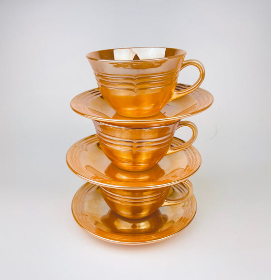 Product image for 'vintage peach lustreware swirl tea cup saucer set replacement anchor hocking fire king made in usa cup saucer set sold separately' (view efc138)