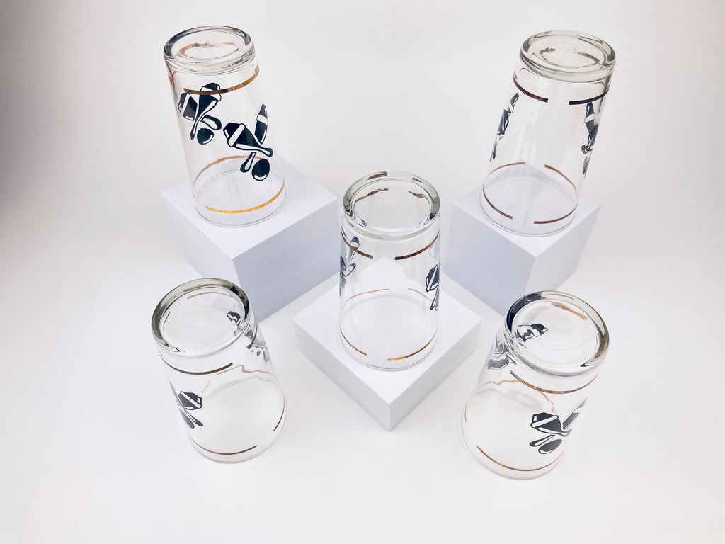 Product image for 'vintage bowling federal glasses set of five 5 tall clear glass with gold black' (view 767557)