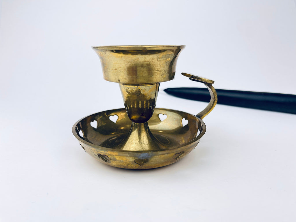 Product image for 'vintage brass heart chamber candlestick holder attractive aged metal patina' (view 162296)