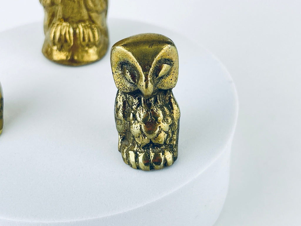 Product image for 'vintage small solid brass owl tabletop figurines attractive aged metal patina sold separately made in canada' (view 95acca)