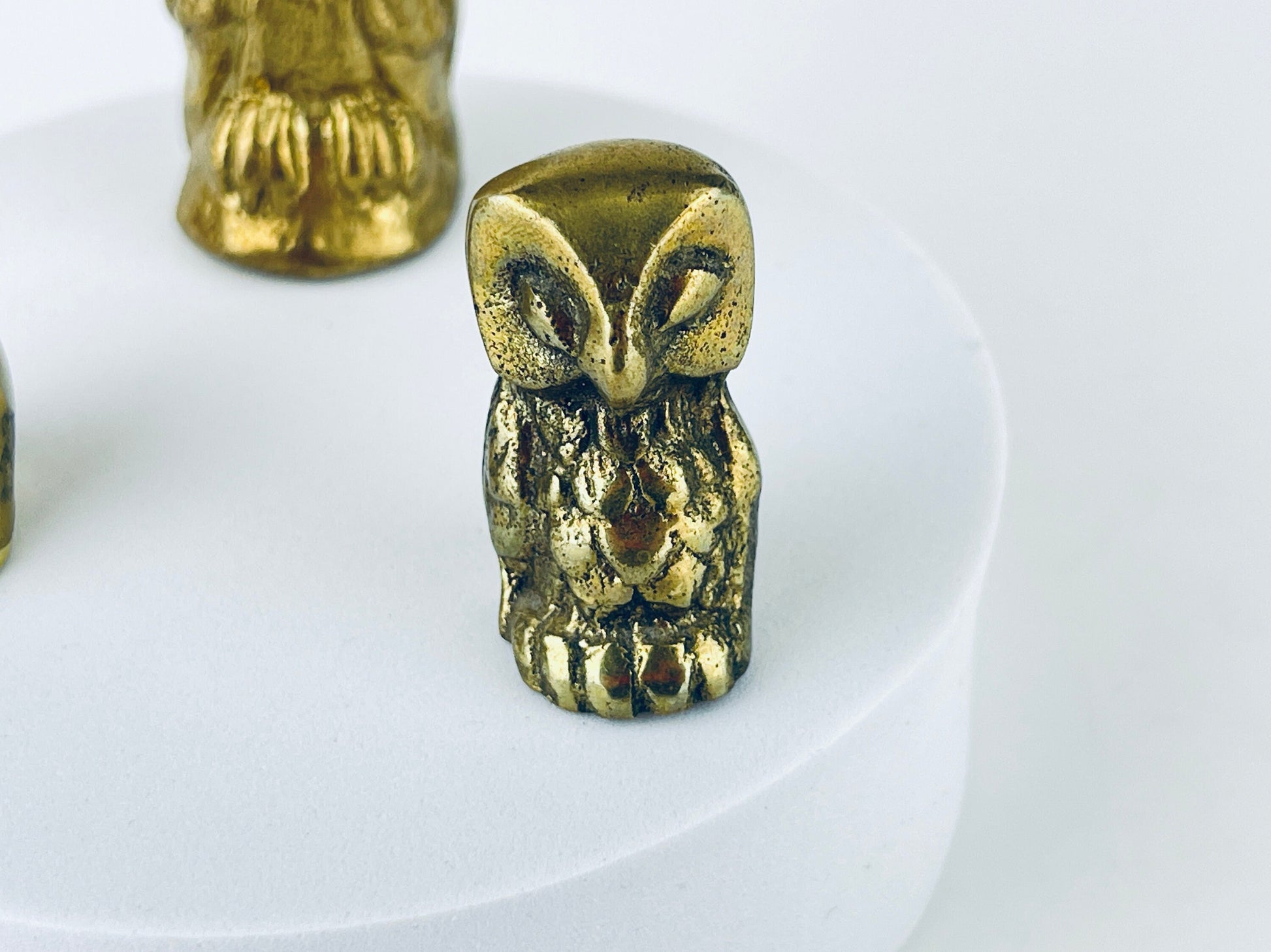 Product image for 'vintage small solid brass owl tabletop figurines attractive aged metal patina sold separately made in canada' (view 95acca)