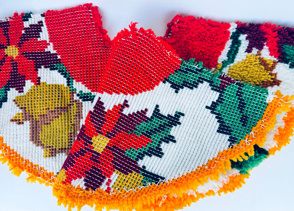 Product image for 'vintage handmade latch hook crocheted christmas tree skirt red poinsettia golden bell pattern' (view 6d04fb)