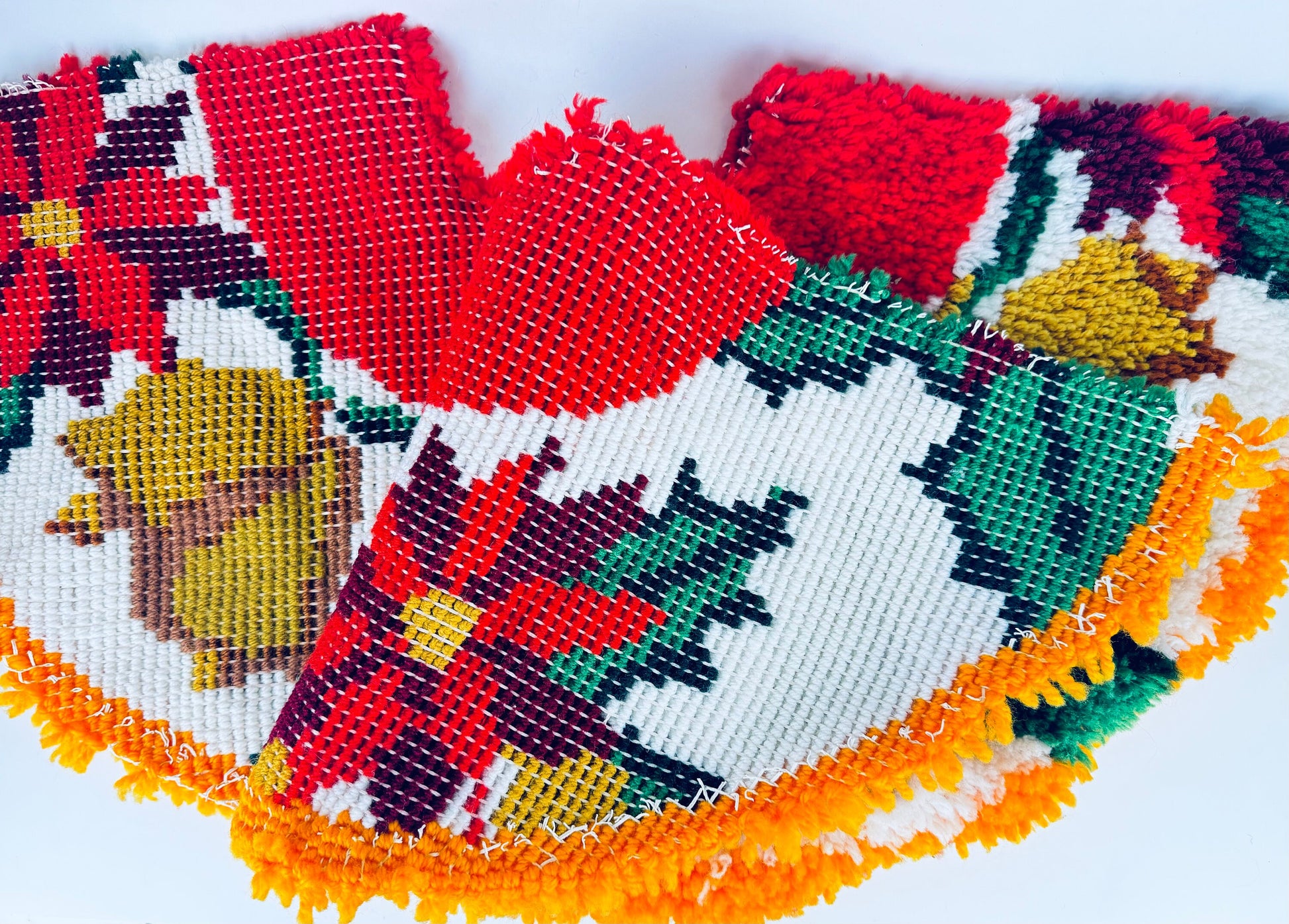 Product image for 'vintage handmade latch hook crocheted christmas tree skirt red poinsettia golden bell pattern' (view 6d04fb)