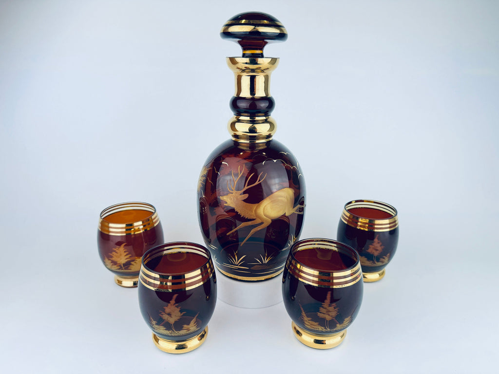 Product image for 'vintage dark brown gold striped egermann stag landscape barware set glass decanter four 4 roly poly glasses made in czechoslovakia' (view 68b1aa)