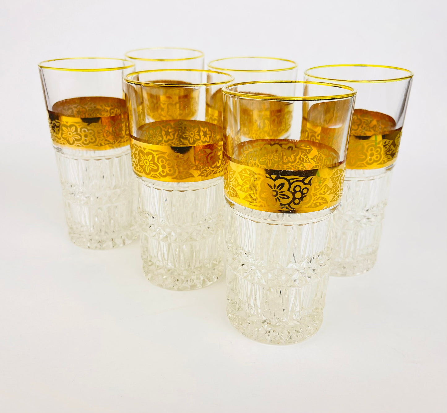 Product image for 'vintage heavy crystal gold highball water tumblers flower gold band with gold rimmed top set of six 6' (view bb6f8e)