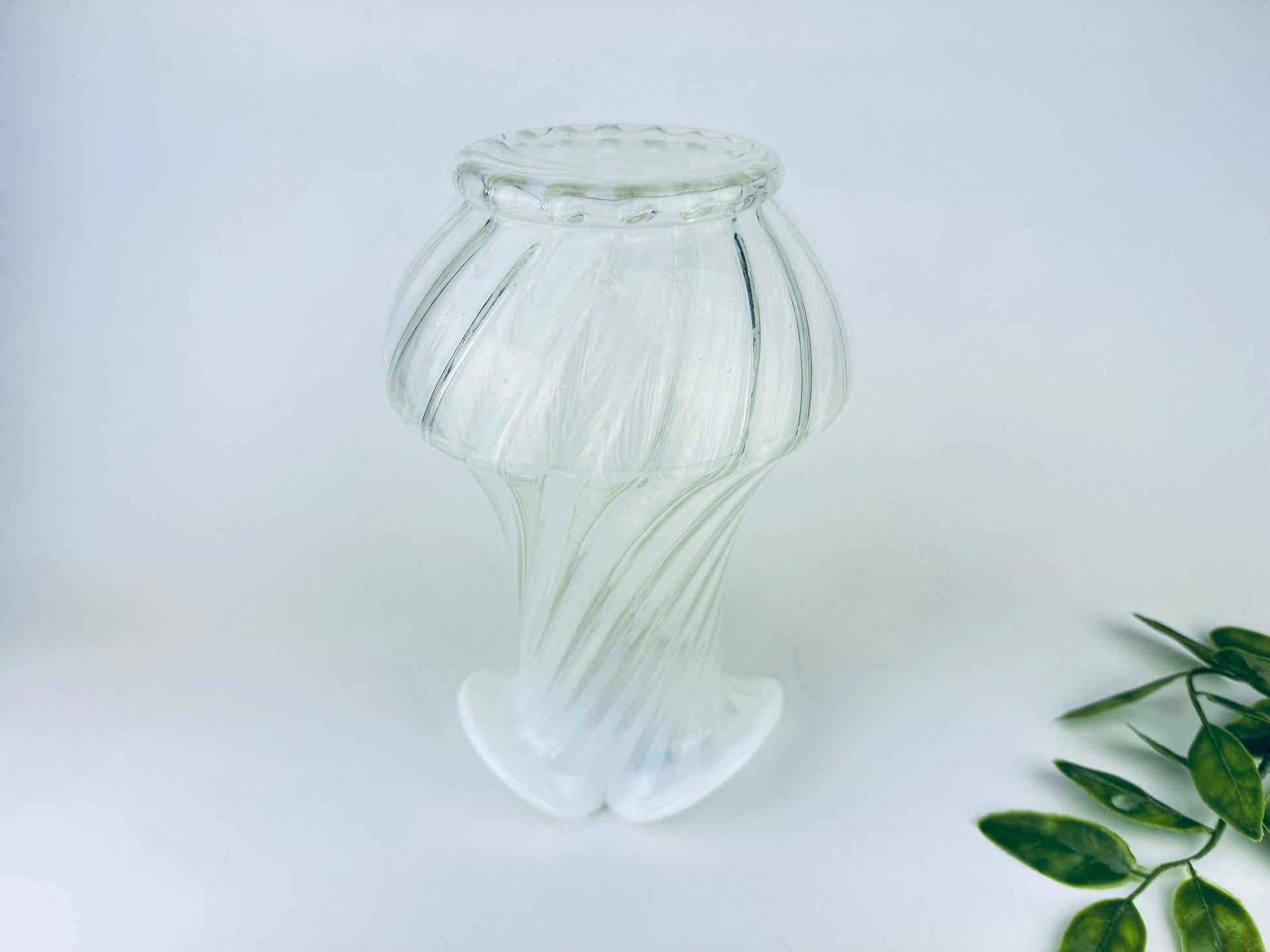 Product image for 'vintage white striped opalescent vaseline glass vase ruffled edge top' (view c92e6a)
