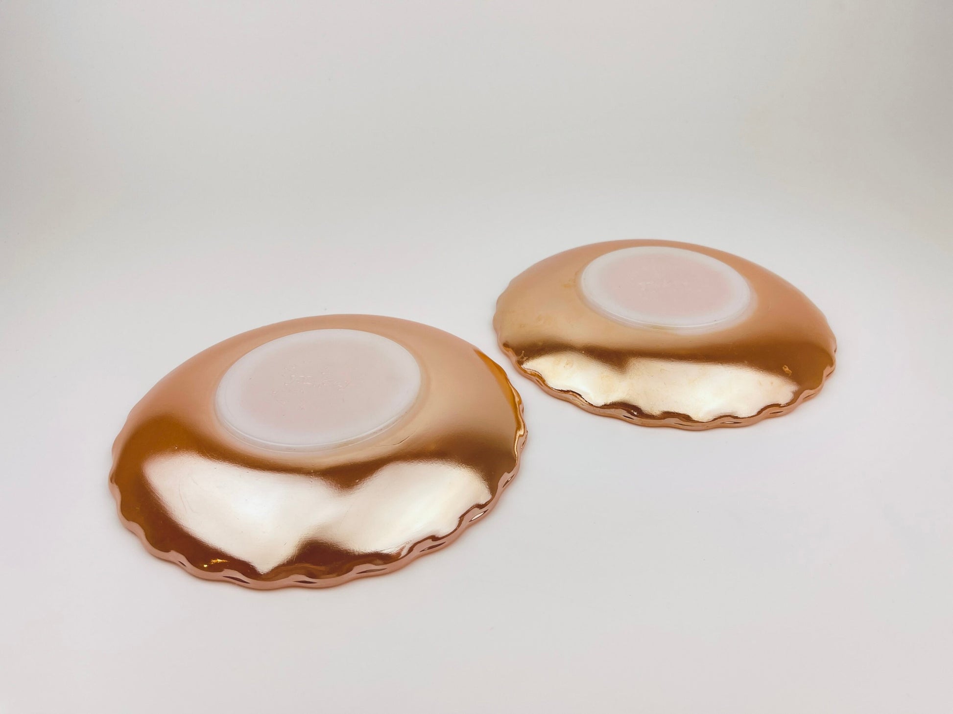 Product image for 'vintage peach lustreware swirl demitasse espresso saucer plate replacement anchor hocking fire king made in usa set of two 2' (view 4d70e1)