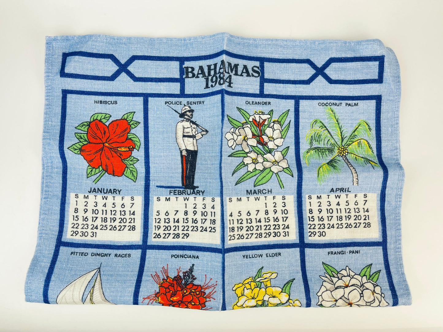 Product image for 'vintage bahamas 1984 calendar tea towel irish linen dunmoy by moygashel' (view b08285)