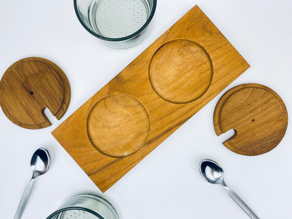 Product image for 'vintage luthje danish preserve set appetizer dinner party serve ware wood tray glass containers made in denmark' (view 656191)