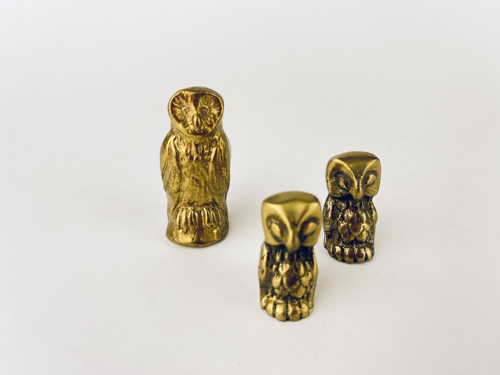 Product image for 'vintage small solid brass owl tabletop figurines attractive aged metal patina sold separately made in canada' (view a1a1a9)