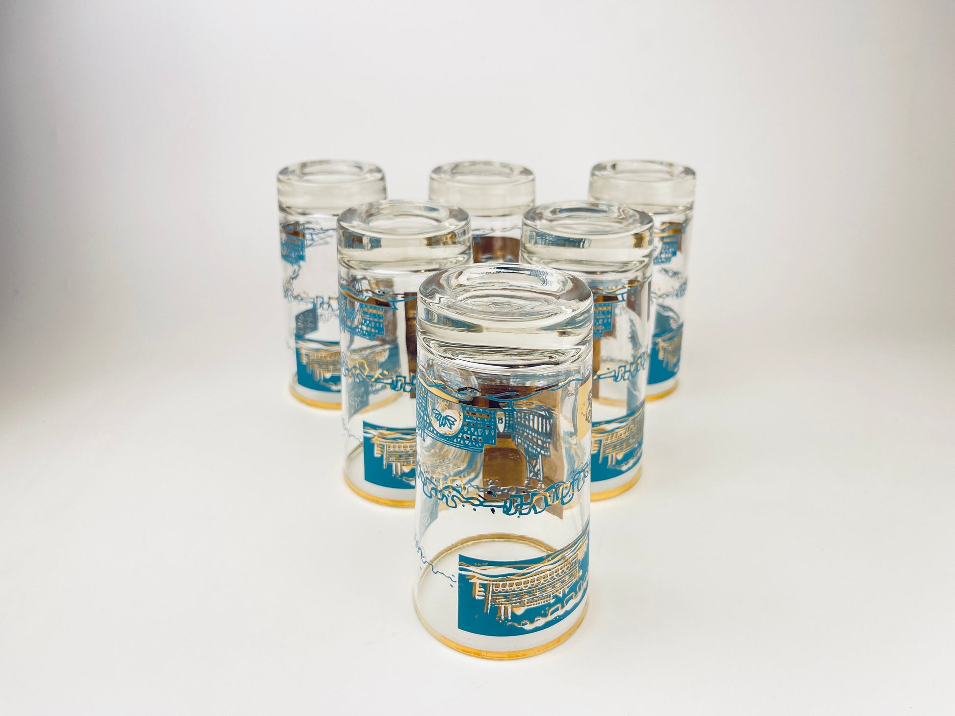 Product image for 'vintage mcm riverboat highball glass barware set set of six 6 22 kt gold aqua teal southern comfort libbey glassware' (view d6ffbc)