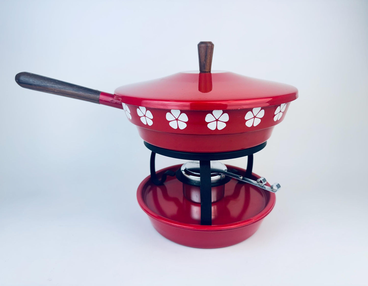 Product image for 'vintage red white floral metal fondue set wood accents made in japan by imperial' (view d8d847)