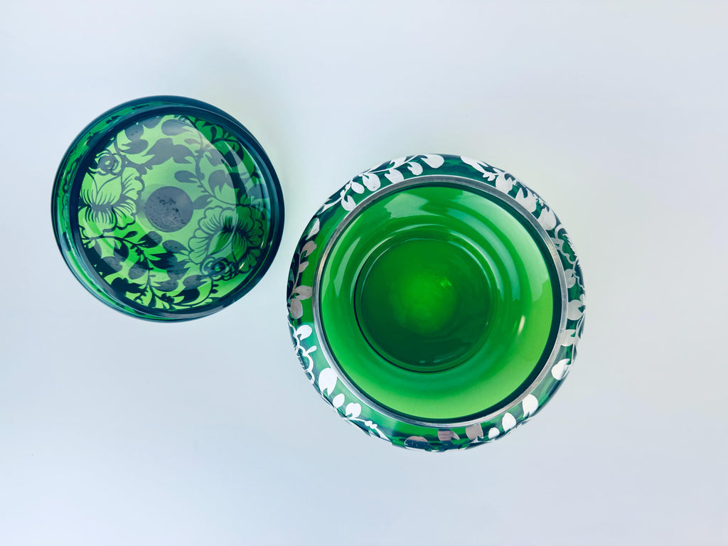 Product image for 'vintage dark forest green lidded glass vanity dresser jar silver floral leaf overlay pattern' (view 4e7c67)
