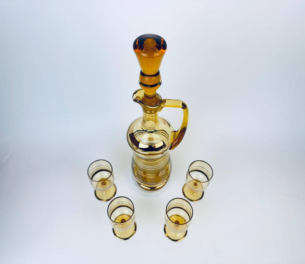 Product image for 'vintage amber gold striped glass barware set decanter stemmed glasses bohemia crystal made in czechoslovakia barware gift' (view 1aaeb0)