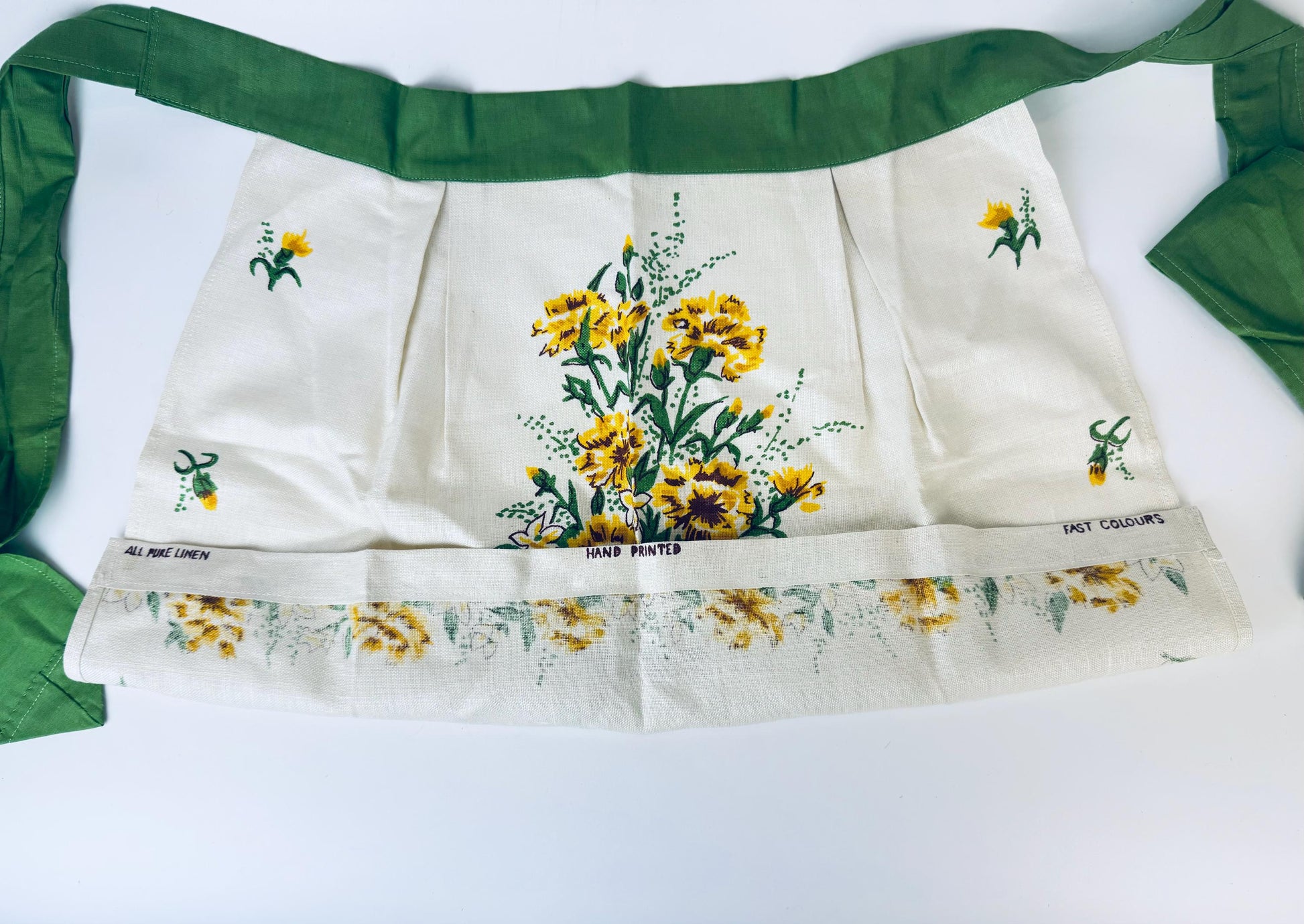 Product image for 'vintage hand printed yellow floral bouquet linen waist apron green strings all pure linen fast colours new old stock nos' (view 90ea1e)