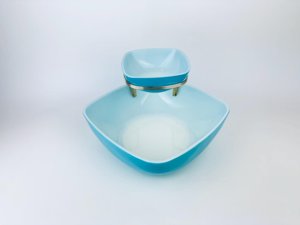Product image for 'vintage rare pyrex chip n dip turquoise square glass bowl set made in usa promotional hostess collaboration 1959' (view fc201a)